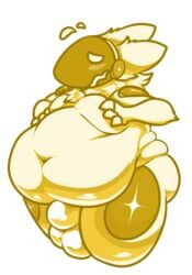 anthro ass belly blush bulge cel_shading clothing digital_media_(artwork) embarrassed fat_rolls glistening glistening_clothing hi_res machine male monochrome moobs obese overweight protogen shaded solo solo_focus thong tight_clothing tofe_(troplilly) troplilly underwear yellow_and_white