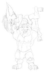 2020 5_fingers 5_toes abs absurd_res anthro anthro_on_anthro arm_tuft armband barefoot big_biceps big_calves big_pecs black_and_white bristol bulge carrying_partner cheek_tuft chin_tuft claws closed_smile clothed clothed_anthro clothed_male clothing digital_drawing_(artwork) digital_media_(artwork) duo ear_tuft elbow_tufts eye_contact eyebrows facial_tuft fan_character feet fingers front_view full-length_portrait half-closed_eyes hand_on_arm hand_on_leg happy head_tuft hi_res humanoid_hands knee_pads league_of_legends looking_at_another looking_down_at_partner looking_up_at_partner mahotis_(bristol) male male/male male_anthro mammal mohawk monochrome muscle_size_difference musclegut muscular muscular_anthro muscular_male narrowed_eyes navel nipples obliques open_mouth open_smile pecs plantigrade portrait pseudo_hair quads riot_games serratus short_anthro short_male simple_background slim_anthro slim_male smile speedo spotted_face standing swimwear toes topless topless_anthro topless_male tuft video_games white_background yordle