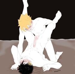 2boys anal anal_sex black_hair blush boruto:_naruto_next_generations closed_eyes colored_hair feet gay gege_(artist) half-closed_eyes kawaki licking licking_lips looking_at_partner looking_down looking_pleasured lying_on_back moaning multiple_boys naked naruto naruto_(series) partially_clothed penis sex sheet_grab sheets short_hair smile testicles two_tone_hair uzumaki_boruto yaoi yellow_hair