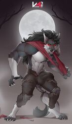 2021 absurd_res anthro balls black_hair bottomwear bulge canid canine claws clothing detailed_bulge digital_media_(artwork) digitigrade finger_claws full_moon fur genital_outline genitals gradient_background grey_body grey_fur hair hi_res looking_at_viewer male male_focus male_only mammal moon multicolored_body multicolored_fur muscular muscular_male pants pawpads penis_outline red_eyes shirt simple_background solo toe_claws topwear torn_bottomwear torn_clothing torn_pants torn_shirt torn_topwear two_tone_body two_tone_fur vinyanko were werecanid werecanine werewolf white_body white_fur