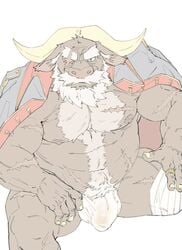 ahab_(tokyo_afterschool_summoners) amputee anthro areola arm_scar beard body_hair bovid bovine bulge chest_hair clothed clothing coat detailed_bulge disability eye_scar facial_hair facial_scar fishingmanmax fur genital_outline grey_body grey_fur horn leg_scar lifewonders male male_only mammal moustache muscular muscular_anthro muscular_male nipples pecs penis_outline ring scar simple_background solo tokyo_afterschool_summoners topwear underwear unfinished video_games white_background white_clothing white_underwear wraps