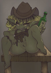 2021 anus ass big_anus blonde_hair bottle breasts cleavage clothed clothing cowboy_hat female front_view furniture goblin goblin_female green_body grey_background hair hat headgear headwear hi_res holding_bottle holding_object humanoid looking_at_viewer nipple_outline no_underwear noise_(artist) not_furry on_table shortstack simple_background solo table teeth thick_thighs