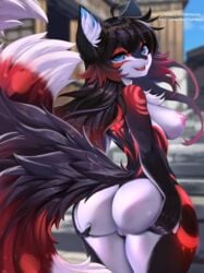 2021 anthro anus asian_mythology ass big_breasts big_butt black_body black_hair breasts canid canine cleft_of_venus cute_expression cute_eyes day detailed detailed_fur digital_media_(artwork) dipstick_tail ears_up east_asian_mythology eyelashes female fingerless_(marking) fluffy fluffy_tail forest fox fox_spirit fur genitals gloves_(marking) hair half-closed_eyes hi_res inner_ear_fluff long_eyelashes long_hair looking_at_viewer looking_back looking_pleasured mammal markings multicolored_body multicolored_fur multicolored_tail mythology narrowed_eyes open_mouth open_smile outside plant presenting pussy red_markings seductive simple_background smile solo sonechkachizhikov_(artist) tail_markings tree tuft white_body white_fur