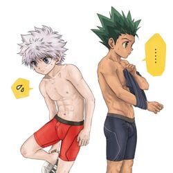 2boys blue_eyes blue_underwear brown_eyes brown_skin bulge gon_freecss green_hair hunter_x_hunter killua_zoldyck male_only penis_visible_through_pants red_underwear removing_clothing risukoyama sweat sweatdrop sweating taking_clothes_off white_skin