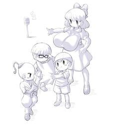 1girls 3boys alternate_breast_size baseball_cap blush bow bowl_cut breasts earthbound highres huge_breasts jeff_andonuts large_breasts mob_face mother_(series) ness paula_jones paula_polestar pointing poo_(earthbound) sakana8888888