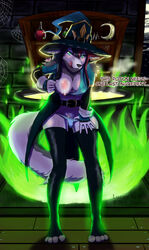 anthro arc_rose belt blush bodily_fluids bra bra_pull breasts canid canine cauldron clothing clothing_pull colored_fire dialogue english_text female fire genital_fluids genitals green_fire hat headgear headwear leaning leaning_forward legwear licking licking_lips looking_at_viewer magic_user mammal moon nipples panties panty_pull potion pussy pussy_juice saliva solo sweat text thigh_highs tongue tongue_out underwear underwear_pull undressing window witch witch_hat