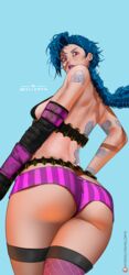 1girls ass ass_focus blue_hair braided_hair breasts female hell904 jinx_(league_of_legends) league_of_legends long_hair minishorts purple_eyes riot_games shorts solo standing tattoo thick_thighs thighhighs thighs