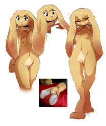 absurd_res anthro big_ears biped breasts caramel_(the-miniscule-task) cute digital_media_(artwork) domestic_rabbit english_lop female floppy_ears genitals hi_res lagomorph leporid lop_rabbit mammal navel nipples non-human_areolae nude oryctolagus pussy rabbit shaded solo the-minuscule-task