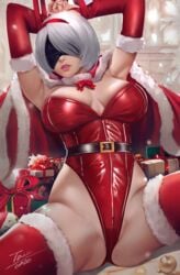 1girls android armpits artist_name bent_knees blindfold bodysuit bow bowtie box breasts cape christmas christmas_ornament christmas_outfit cleavage costume covering_eyes female gift grey_hair headband high_resolution indoors lip_gloss lipstick long_hair makeup mole nier:_automata nier_(series) pink_lips realistic room short_hair sitting solo tanasil text yorha_2b