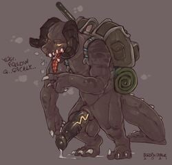 1boy 2021 anthro backpack balls bedroll bethesda_softworks black_horn black_knot black_penis bodily_fluids breath claws curved_horn deathclaw dialogue dripping english_text erection fallout finger_claws genital_fluids genitals gesture glowing glowing_eyes grey_background grey_balls grey_body grey_claws grey_scales grey_spikes hi_res horn knot male male_deathclaw_(fallout) male_only muscular muscular_anthro muscular_male on_ground panting penis pointing precum precum_drip precum_on_ground precum_string red_tongue redishdragie ridged_horn ridged_penis scales scalie signature simple_background solo spikes standing teeth text toe_claws tongue tongue_out vein veiny_knot veiny_penis video_games yellow_eyes