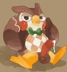 animal_crossing anthro avian balls beak bird blathers_(animal_crossing) bodily_fluids bow_tie brown_balls cum cum_leaking genital_fluids genitals green_bowtie looking_at_viewer male masshiro nintendo owl shadow simple_background solo video_games yellow_beak yellow_feet