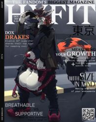 2021 animal_genitalia animal_penis anthro balls big_balls black_body black_fur bodily_fluids brown_hair canid canine canine_penis claws clothing cover dipstick_tail english_text face_mask finger_claws footwear fox fur genital_fluids genitals hair hat headgear headwear hi_res huge_balls hyper hyper_balls hyper_genitalia jacket magazine_cover majmajor male male_only mammal markings orange_body orange_fur penis precum precum_squirt qr_code saggy_balls scarf shoes solo standing straps tail_markings text topwear white_balls white_body white_fur yellow_eyes