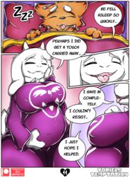 anthro belly big_belly big_breasts bodily_fluids boss_monster bovid breasts canid canine caprine clothed clothing comic cum cum_belly curvy_figure digital_media_(artwork) duo english_text excessive_cum female fur genital_fluids inflation male male/female mammal mature_anthro mature_female neo_geppetto nipples open_mouth overweight overweight_anthro overweight_female page_11 simple_background smile text thick_thighs toriel undertale undertale_(series) video_games white_body white_fur wide_hips