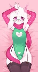 1boy 2d anthro anthro_male anthro_only armwear blush bovid bulge caprine clothed clothing dakimakura_design deltarune digital_media_(artwork) eyewear femboy fredek666 fur furry furry_male furry_only girly goat hi_res humanoid humanoid_male humanoid_only legwear leotard looking_at_viewer lying male male_only mammal mammal_humanoid on_back pink_eyes ralsei scarf shaded smile solo solo_male thick_thighs thigh_highs undertale_(series) video_games white_body white_fur wide_hips young