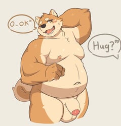 anthro balls blush canid canine canis dialogue domestic_dog flaccid foreskin genitals humanoid_genitalia humanoid_penis male male_only mammal moki navel nude overweight overweight_male penis solo