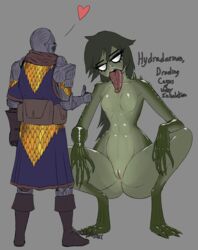 absurd_res amphibian amphibian_humanoid animal_humanoid bodily_fluids crouching demon dripping drooling duo female frog_humanoid genitals hi_res humanoid hydradaemon long_tongue male medicinal_succ membrane_(anatomy) pathfinder pussy saliva scale_knight_(medicinalsucc) spread_legs spreading tongue tongue_out webbed_feet webbed_hands white_eyes