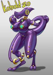 absurd_res anthro big_breasts big_nipples breasts dewstar_(artist) female glistening glistening_body gold_(metal) hi_res huge_breasts kobold long_tail nipple_piercing nipples non-human_areolae piercing purple_body purple_skin ring solo wide_hips