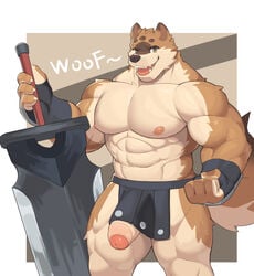 anthro big_muscles big_penis bottomwear canid canine canis clothing domestic_dog fingerless_gloves foreskin fur genitals gloves handwear huge_cock huge_muscles humanoid_genitalia humanoid_penis loincloth looking_at_viewer male mammal melee_weapon moki multicolored_body multicolored_fur muscular muscular_anthro muscular_male muscular_thighs partially_retracted_foreskin penis solo sword thick_penis two_tone_body two_tone_fur weapon