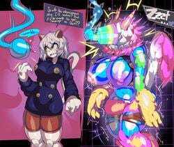 1girls 2_horns absurd_res animal_ears animal_humanoid before_and_after big_breasts blue_body blue_skin bottomwear breast_expansion breasts captain_kirb captain_kirb_deltarune_(style) cat_girl cat_humanoid chimera_ant clothed clothing deltarune deltarune_captain_kirb_(style) electricity english_text expansion felid felid_humanoid feline feline_humanoid female fur genitals hair heart hi_res horn huge_breasts humanoid hunter_x_hunter mammal mammal_humanoid multicolored_body navel neferpitou open_mouth pale-skinned_female pale_skin plug pussy short_hair shounen_jump solo species_transformation speech_bubble teeth text topwear torn_bottomwear torn_clothing torn_topwear transformation undertale_(series) video_games villainess werewire white_body white_hair white_skin yellow_eyes