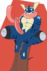 1boy anthro balls bara blue_body erection genitals greninja hi_res long_penis long_tongue male male_only muscle muscles muscular muscular_male nintendo pecs penis pokémon_(species) pokemon pokemon_(species) sitting solo striped_body stripes tderek99 tongue video_games