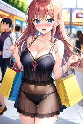 ai_generated bad_hands big_breasts black_panties blue_eyes crowd embarrassed exhibitionism exhibitionist long_hair public see-through_clothing stable_diffusion