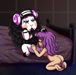 animal_crossing annie-mae anthro anus balls bed bedding black_body black_fur black_lips black_lipstick blanket blue_eyes blush bovid breasts caprine closed_eyes cunnilingus detailed_background duo eyelashes female fur furniture genitals goth gynomorph gynomorph/female hair hand_on_cheek hand_on_hair hi_res human intersex intersex/female kneeling licking lips lipstick looking_at_another looking_at_partner looking_down makeup mammal muffy_(animal_crossing) narrowed_eyes nintendo nipples nude on_bed open_mouth oral pattern_background presenting presenting_pussy purple_hair pussy sex sheep simple_background sitting sitting_on_bed small_breasts spread_pussy spreading tongue tongue_out vaginal_penetration video_games villager_(animal_crossing) white_body