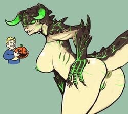 1girls anthro anus ass bent_over bethesda_softworks breasts claws deathclaw digital_media_(artwork) duo fallout fangs female female_deathclaw genitals green_anus green_eyes green_nipples green_pussy hand_on_leg hi_res horn human male mammal monster_girl nipples non-mammal_breasts nude pupils pussy rear_view reccand reptile scalie simple_background slit_pupils spikes spikes_(anatomy) tail_anus teeth vault_boy video_games