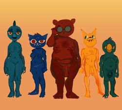 2019 alligator alligatorid angus_delaney anthro avian balls bea_santello beak big-fig bird breasts canid canine casual_nudity crocodilian digital_media_(artwork) digital_painting_(artwork) domestic_cat felid feline felis female flaccid fox front_view genitals germ_warfare_(nitw) gregg_lee group hi_res looking_at_viewer mae_borowski male mammal moobs night_in_the_woods nipples nude overweight overweight_anthro overweight_male penis penis_size_difference pussy reptile scalie standing ursid video_games wide_hips