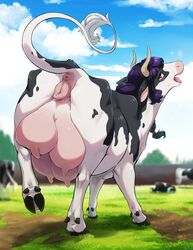 1girls animal_genitalia animal_pussy anus blurred_background bovid bovine bovine_pussy cattle detailed_background farm female feral genitals hair hi_res hooves horn ingi looking_at_viewer mammal nipples nude outside presenting presenting_pussy purple_eyes purple_hair pussy raised_tail solo teats udders