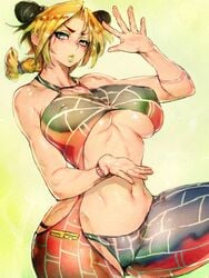 1girls abs big_breasts breasts female female_only female_protagonist fumio_(rsqkr) green_hair human jojo's_bizarre_adventure jolyne_kujo large_breasts light-skinned_female light_skin long_hair looking_at_viewer shounen_jump solo stone_ocean thick_thighs toned toned_female underboob wide_hips