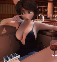 1girls 3d big_breasts big_hero_6 brown_hair busty cass_hamada cleavage disney dress green_eyes large_breasts low_cut_top marvel rastifan sideboob smile waiting