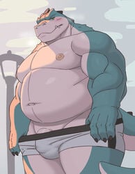 alligator alligatorid anthro blush bulge clothing crocodilian genitals hi_res looking_at_viewer male moki mostly_nude navel overweight overweight_male penis reptile scalie solo underwear undressing