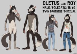 2021 2boys anthro artist_name balls ballsack beard black_hair blue_eyes body_fur body_hair brother brothers brown_fur claws cletus_(foxmusk) clothed domestic_ferret duo english_text facial_hair flaccid_penis fluffy_tail foreskin foreskin_overhang foxmusk genitals grey_fur hi_res humanoid_penis intact long_foreskin long_hair_male male male_only male_pubic_hair mammal masculine model_sheet mustela mustelid musteline nude_male penis polecat_(mustelid) redneck roy_(foxmusk) scrotum sibling smooth_penis tallywhacker testicles text true_musteline twins uncut unretracted_foreskin veiny_penis white_fur