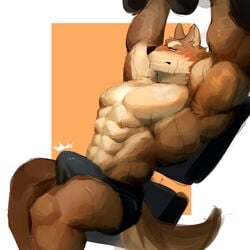 1:1 2021 abs anthro biceps bottomwear bulge canid canine clothing dumbbell exercise fur hi_res male mammal muscular muscular_anthro muscular_male o_reowoof pecs simple_background solo weightlifting weights workout