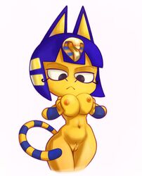 :< animal_crossing ankha ankha_(animal_crossing) anthro aoncyth areola breast_squish breasts domestic_cat egyptian felid feline felis female fur furry furry_only genitals hi_res holding_breast mammal markings naked navel nintendo nipples nude pussy simple_background solo squish striped_markings striped_tail stripes tail tail_markings video_games white_background wide_hips yellow_body yellow_fur