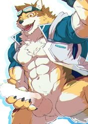 abs anthro ass balls barrel_(live-a-hero) bottomless canid canine canis claws clothed clothing erection eyewear genitals goggles hi_res lifewonders live-a-hero male mammal muscular muscular_anthro muscular_male navel one_eye_closed pecs penis saginomiya885 solo video_games wink wolf