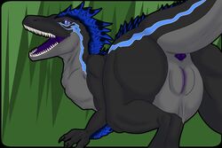 anus ass black_body blue_eyes dinosaur dromaeosaurid female feral frozen_over genitals open_mouth purple_anus pussy reptile scalie sharp_teeth solo teeth theropod velociraptor