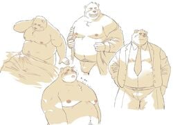 2021 anthro belly blush bottomwear bulge clothed clothing dressing erection erection_under_blanket hi_res humanoid_hands kemono male mammal moobs morning_wood multiple_poses necktie nipples open_clothing open_shirt open_topwear overweight overweight_male pants pose shirt simple_background sitting solo sv_grart topwear underwear ursid white_background