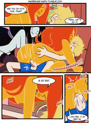 1boy 2girls adventure_time age_difference ass ass_grab big_ass black_hair blush breasts cartoon_network comic cowgirl_position deep_penetration drpizzaboi1 english_text female_on_top finn_the_human flame_princess grey_skin inkershike large_ass long_hair marceline mature_female mature_woman nipples nude nude_female older_female orange_hair orange_skin page_11 page_number pale_skin penetration penis pleasure_face sex shorts straight_hair text threesome vagina vaginal_penetration vaginal_sex vampire younger_female younger_male