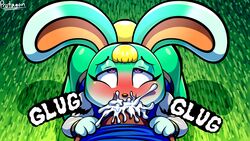 16:9 2021 animal_crossing anthro blonde_hair bodily_fluids bottomless clothed clothing cum cum_in_mouth cum_inside digital_media_(artwork) fellatio female fur gay genital_fluids green_body green_fur hair hi_res lagomorph leporid male male/female mammal nintendo oral oral_penetration penetration penile protagon rabbit rule_63 sasha_(animal_crossing) sex shaded video_games widescreen yaoi