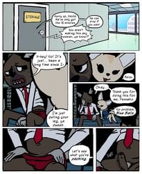 aggressive_retsuko anthro big-fig bottomwear bulge canid canine clothed clothing comic detailed_background dialogue duo english_text female fennec fenneko fox genitals haida hallway hi_res hyaenid male male/female mammal necktie nervous office office_lady pants_down partially_clothed penis pubes sanrio sitting skirt smooth_skin speech_bubble teeth text underwear window