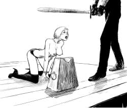 ass au_(artist) beheading black_and_white blonde_hair breasts execution faceless_male high_heels imminent_death imminent_decapitation nipples stockings