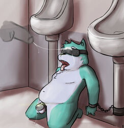 blindfold blue_body blue_fur blue_wolf bodily_fluids chastity_cage chastity_device cum cum_on_face fur furry genital_fluids handcuffed handcuffs hi_res kneeling male male/male precum precum_string restraints sebasteray shackles tongue tongue_out urinal