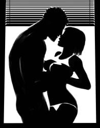 1boy 1girls au_(artist) black_and_white bra breasts couple erect_nipples foreplay handjob nipples nude_male panties silhouette silhouette_sex simple_background white_bra white_panties window