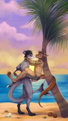 anthro beach bikendi_lalakea duo fish hi_res holding_(disambiguation) kangaroo macropod male male/male mammal marine marsupial mataki sea seaside shark sunset water