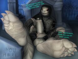 4:3 anthro argonian bethesda_softworks big_penis bodily_fluids claws digit_ring dirty erection evil_grin feet foot_fetish foot_focus genital_fluids genitals hi_res humanoid humanoid_genitalia humanoid_penis jewelry lizard male penis precum qethwyrm666 reptile ring scalie skull_face smile soles solo the_elder_scrolls toe_claws toe_ring verbal video_games wrinkled_feet