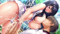 1boy 1girls areolae big_breasts big_penis black_hair blush breast_sucking breasts cum cumming cumshot derauea exposed_breasts female fingering fingering_partner handjob huge_breasts jougasaki_rio lactating lactation light-skinned_female light_skin looking_at_penis male motto!_haramase!_honoo_no_oppai_chou_ero_appli_gakuen! nursing_handjob panties penis purple_eyes rio_jougasaki stroking stroking_cock stroking_penis sucking_nipples tanned_skin