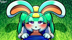 16:9 2021 animal_crossing anthro blonde_hair bottomless clothed clothing digital_media_(artwork) eyelashes fellatio female fur green_body green_fur hair hi_res lagomorph leporid male male/female mammal nintendo oral oral_penetration penetration penile protagon rabbit rule_63 sasha_(animal_crossing) sex shaded video_games widescreen yaoi