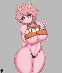 1girls big_breasts black_sclera black_thong breasts cheerleader cheerleader_uniform curvy_figure female grey_background horns huge_breasts jmvmaa large_breasts mina_ashido my_hero_academia no_pants no_skirt pink_hair pink_skin short_hair solo standing thick_thighs thighs thong u.a._cheerleader_outfit wide_hips yellow_eyes