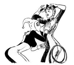 2girls ass au_(artist) batman_(series) black_and_white bodysuit breast_sucking breastfeeding breasts catwoman dc dc_comics female female_only harley_quinn harley_quinn_(classic) kissing monochrome nipples sketch sucking_nipples undressing unzipped_bodysuit unzipping yuri